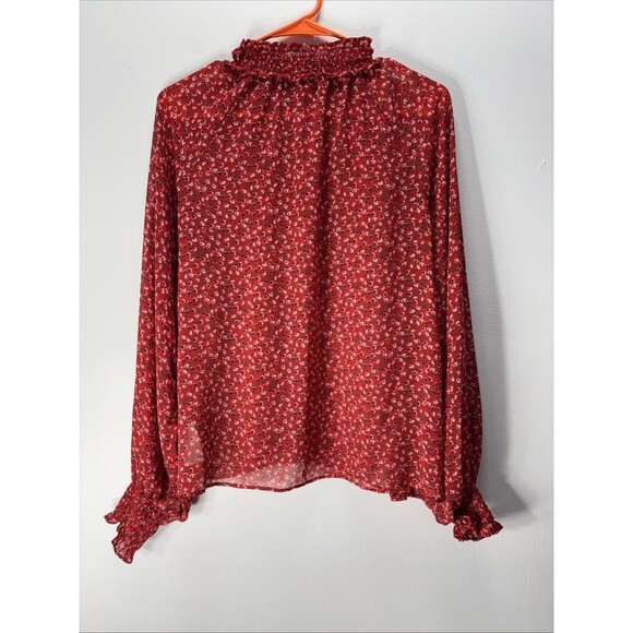 GAP Red & White Dainty Floral Chiffon Long Sleeve Mock Neck Ruffle Blouse M - Picture 7 of 11